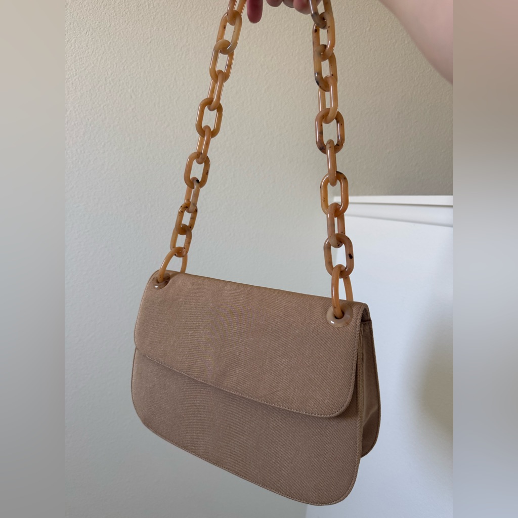 Vintage Prada Tessuto Swing Triangle Logo Tortoiseshell Beige Shoulder Bag